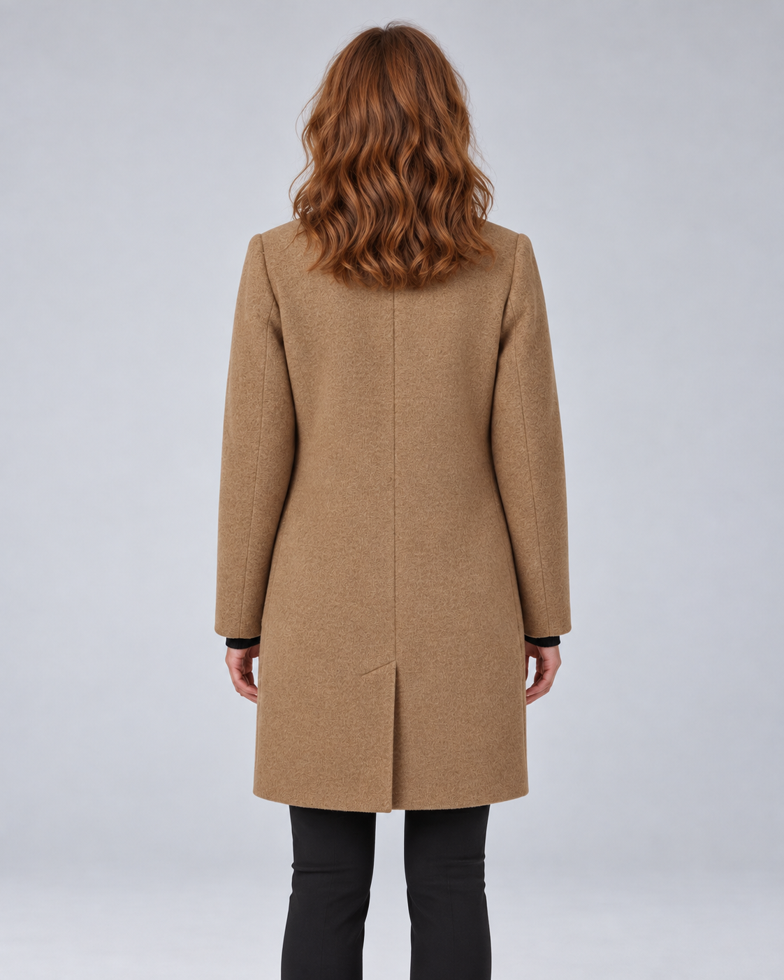 SAILSATIN tailored overcoat in Khaki, back studio image