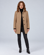 SAILSATIN tailored overcoat in Khaki, front raised collar studio image