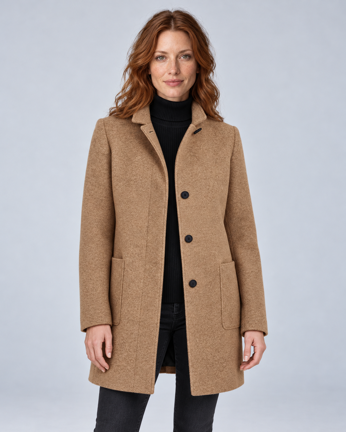 SAILSATIN Charlotte tailored overcoat in Khaki, front studio view