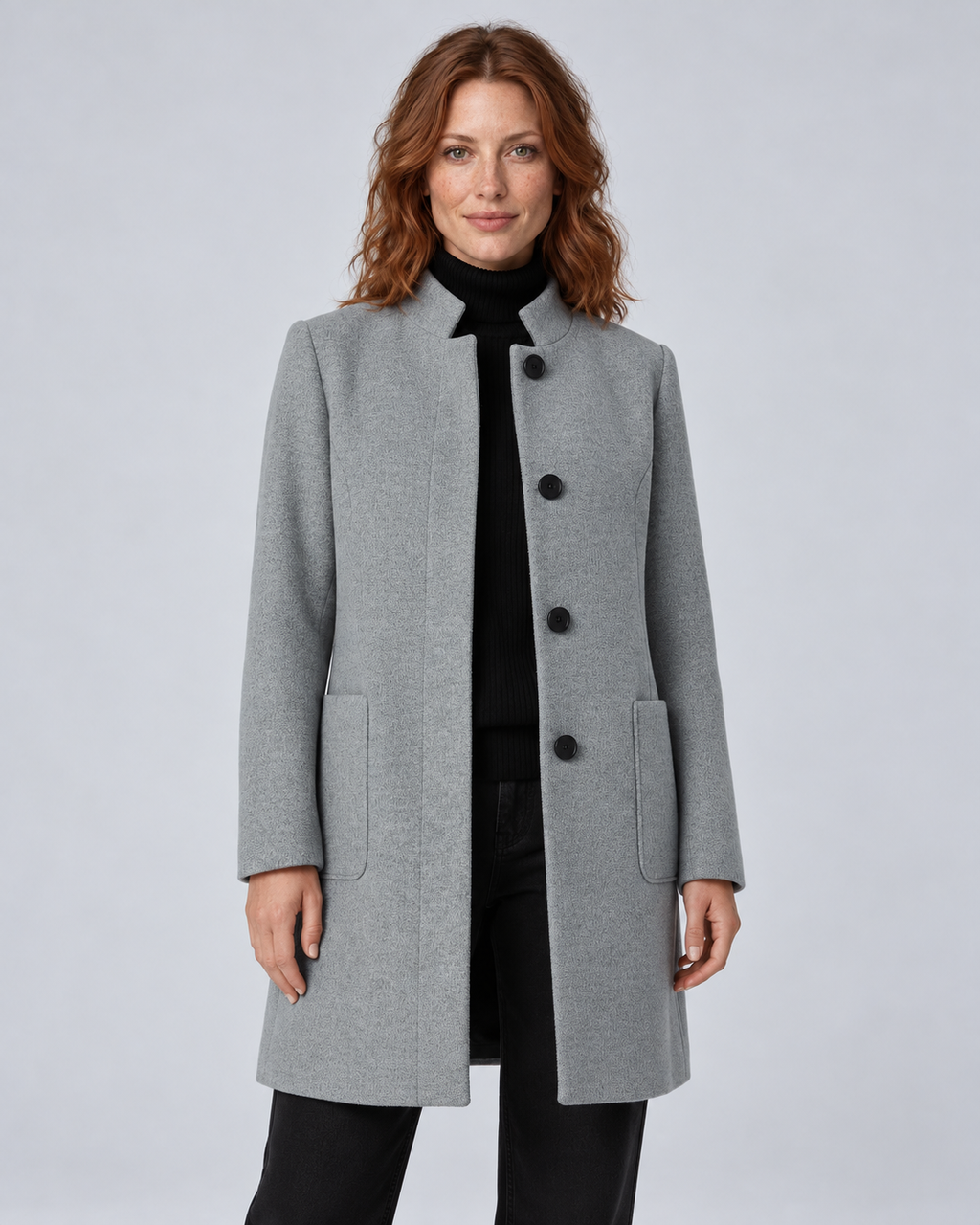 SAILSATIN Charlotte tailored overcoat in Light Grey, front studio view