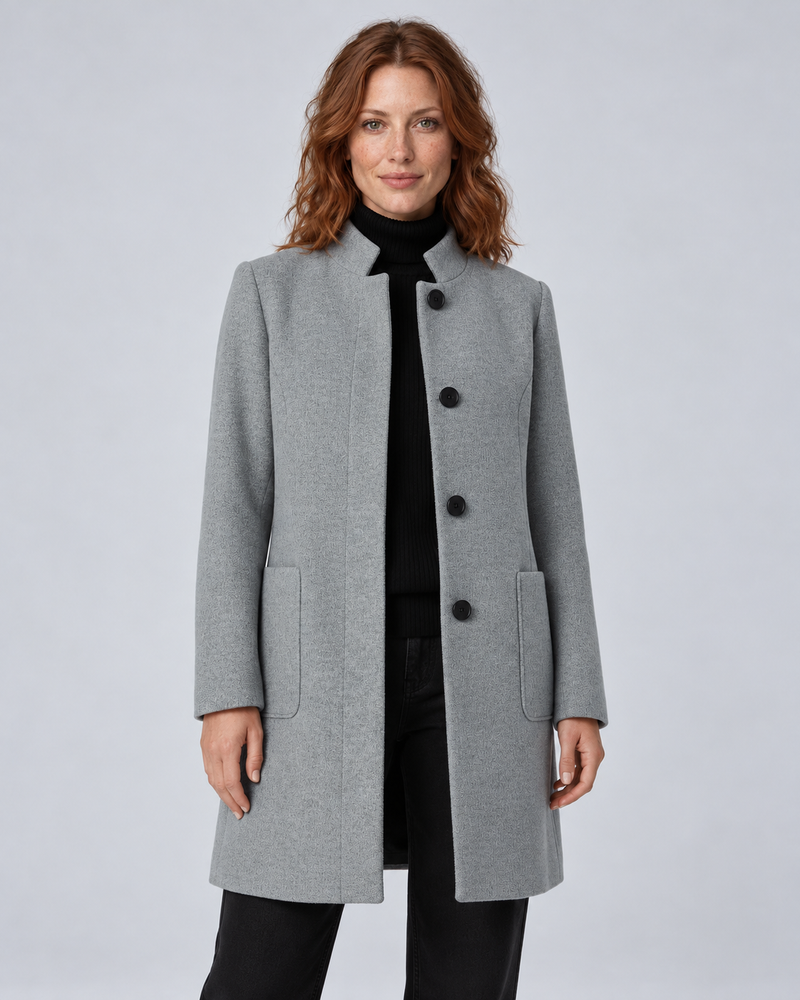 SAILSATIN Charlotte tailored overcoat in Light Grey, front studio view