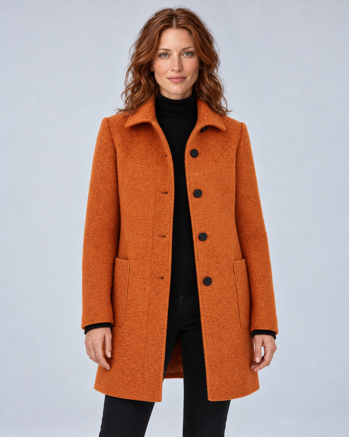 SAILSATIN Charlotte tailored overcoat in Orange, front studio view