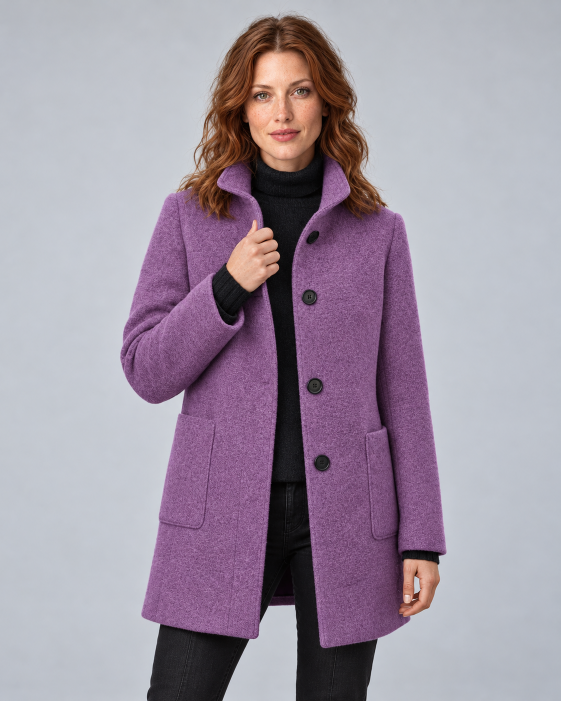 SAILSATIN tailored overcoat in Purple, collar touch studio image