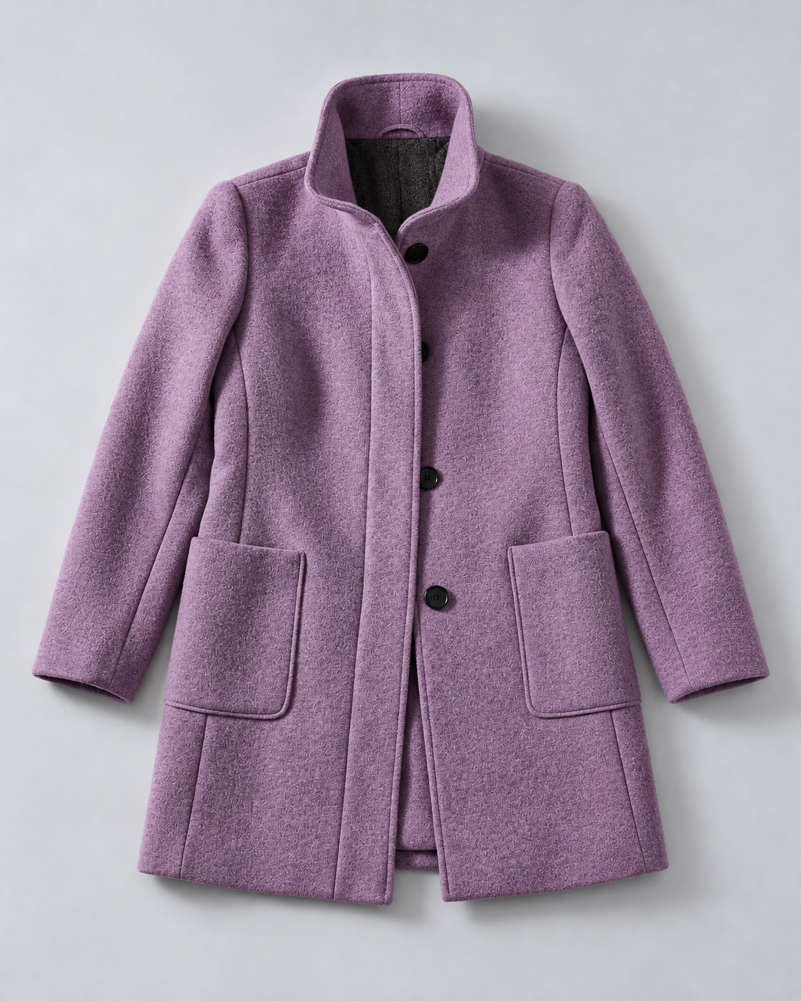 SAILSATIN tailored overcoat in Purple, flatlay studio image