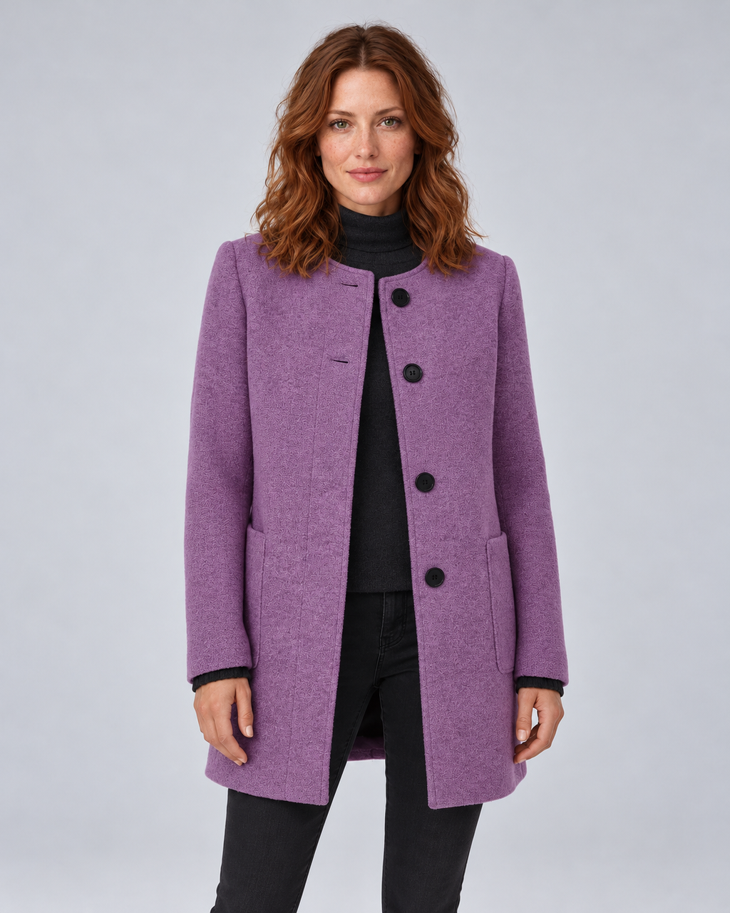 SAILSATIN tailored overcoat in Purple, front open studio image