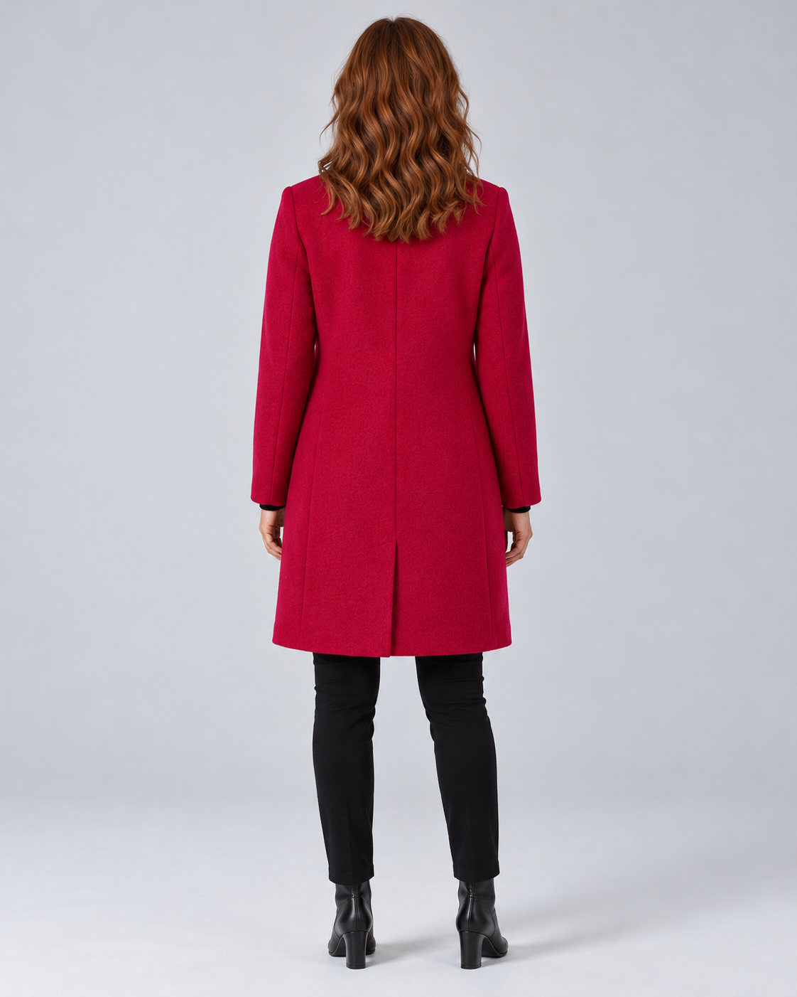 SAILSATIN tailored overcoat in Red, back studio image