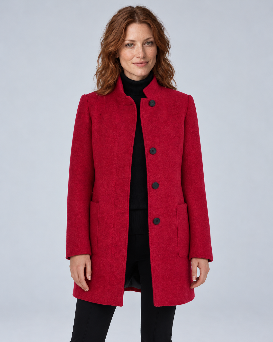 SAILSATIN Charlotte tailored overcoat in Red, front studio view