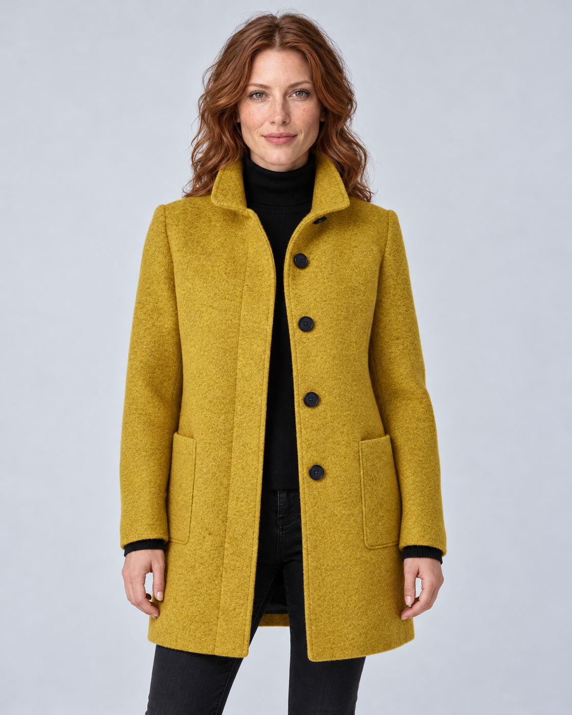 SAILSATIN Charlotte tailored overcoat in Yellow, front studio view