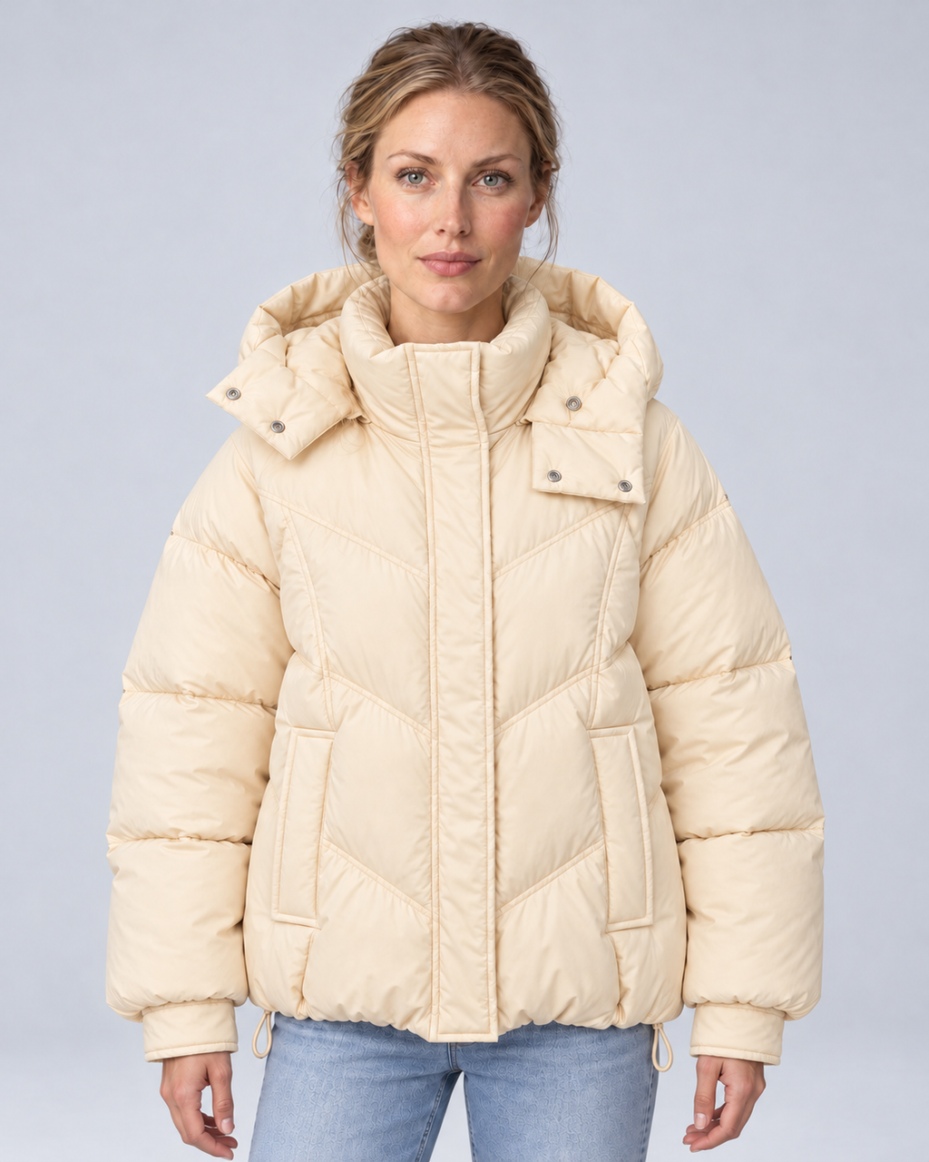 Cream cream chevron puffer, front view