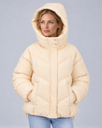 Cream cream chevron puffer, hood up view