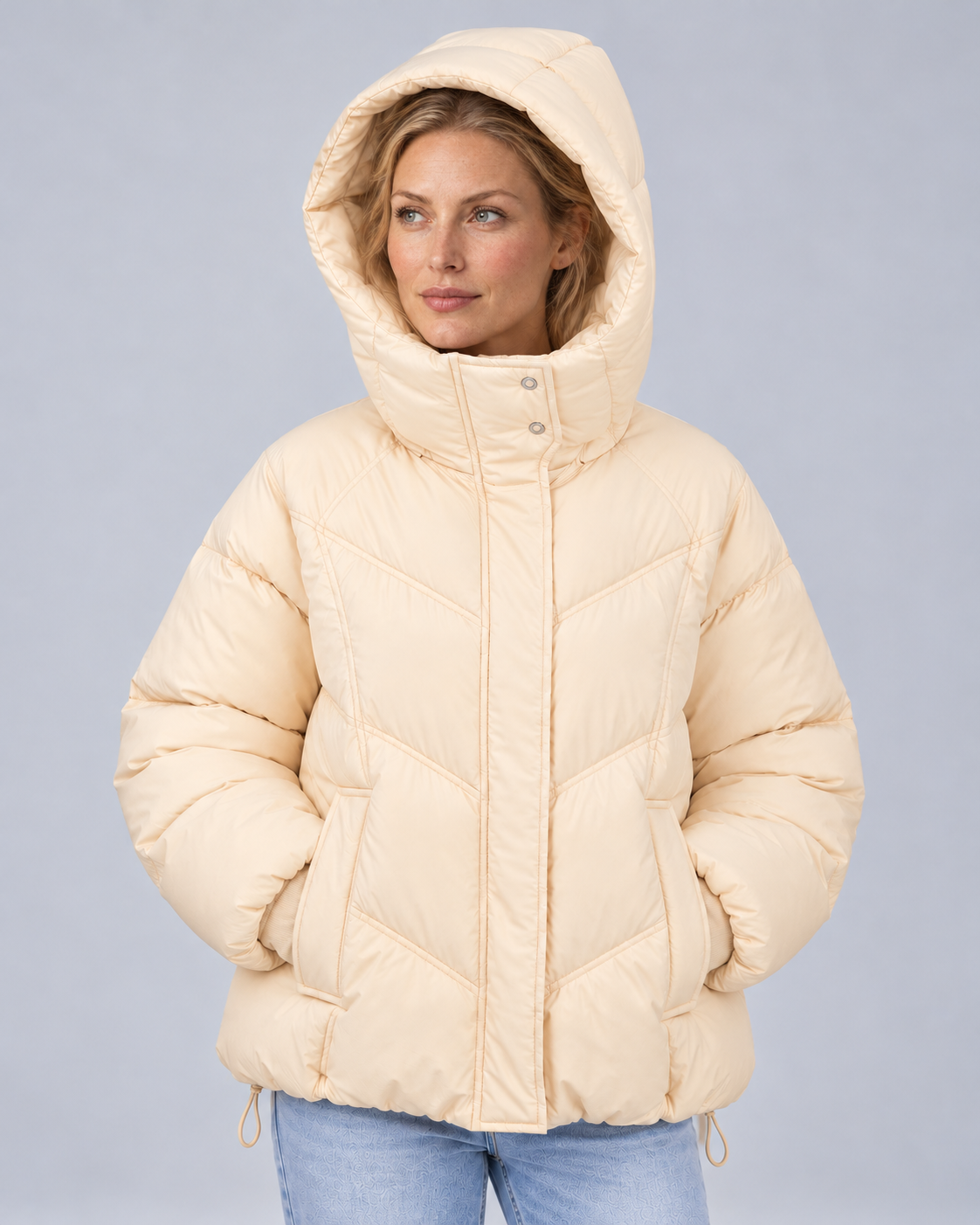 Cream cream chevron puffer, hood up view