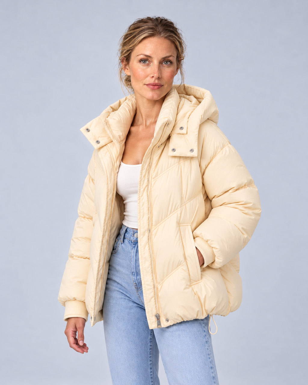 Cream cream chevron puffer, open angle view
