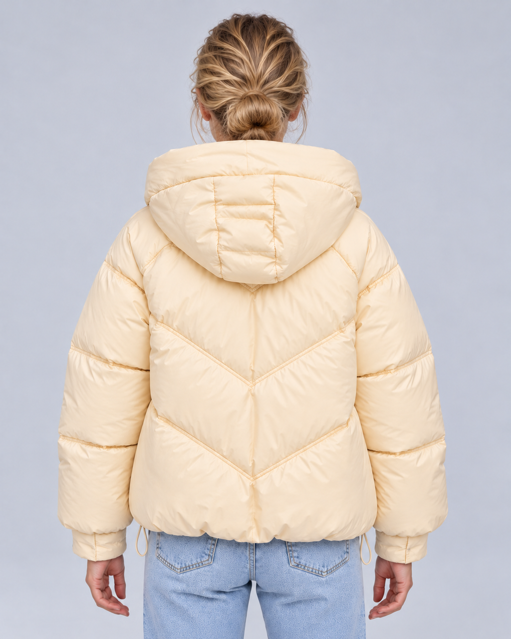 Cream cream chevron puffer, rear view