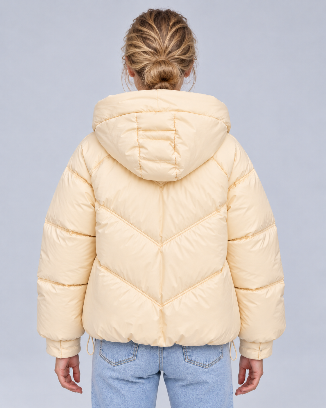 Cream cream chevron puffer, rear view