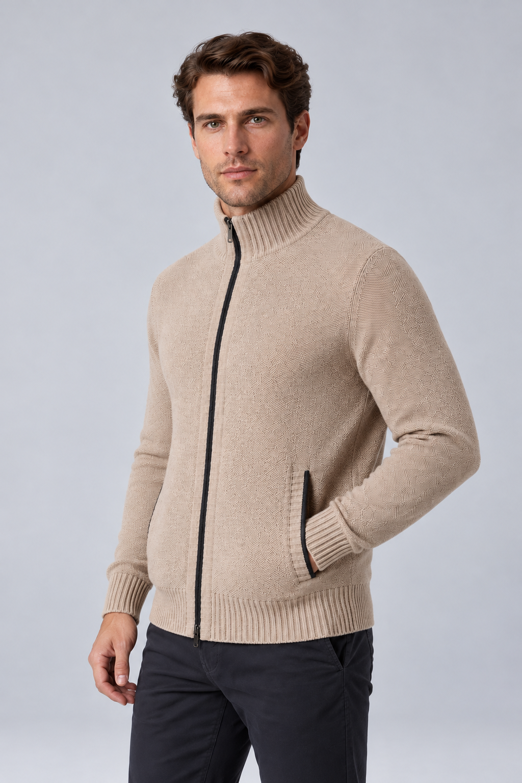 Men's Textured Funnel-Neck Full-Zip Knit Cardigan in beige, three-quarter view