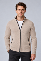 Men's Textured Funnel-Neck Full-Zip Knit Cardigan in beige, front view