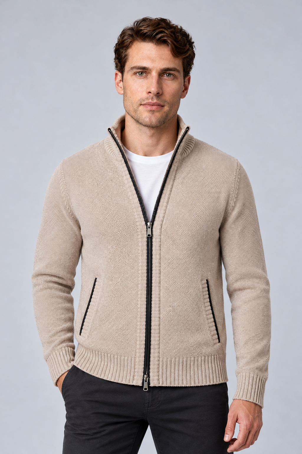 Men's Textured Funnel-Neck Full-Zip Knit Cardigan in beige, front view
