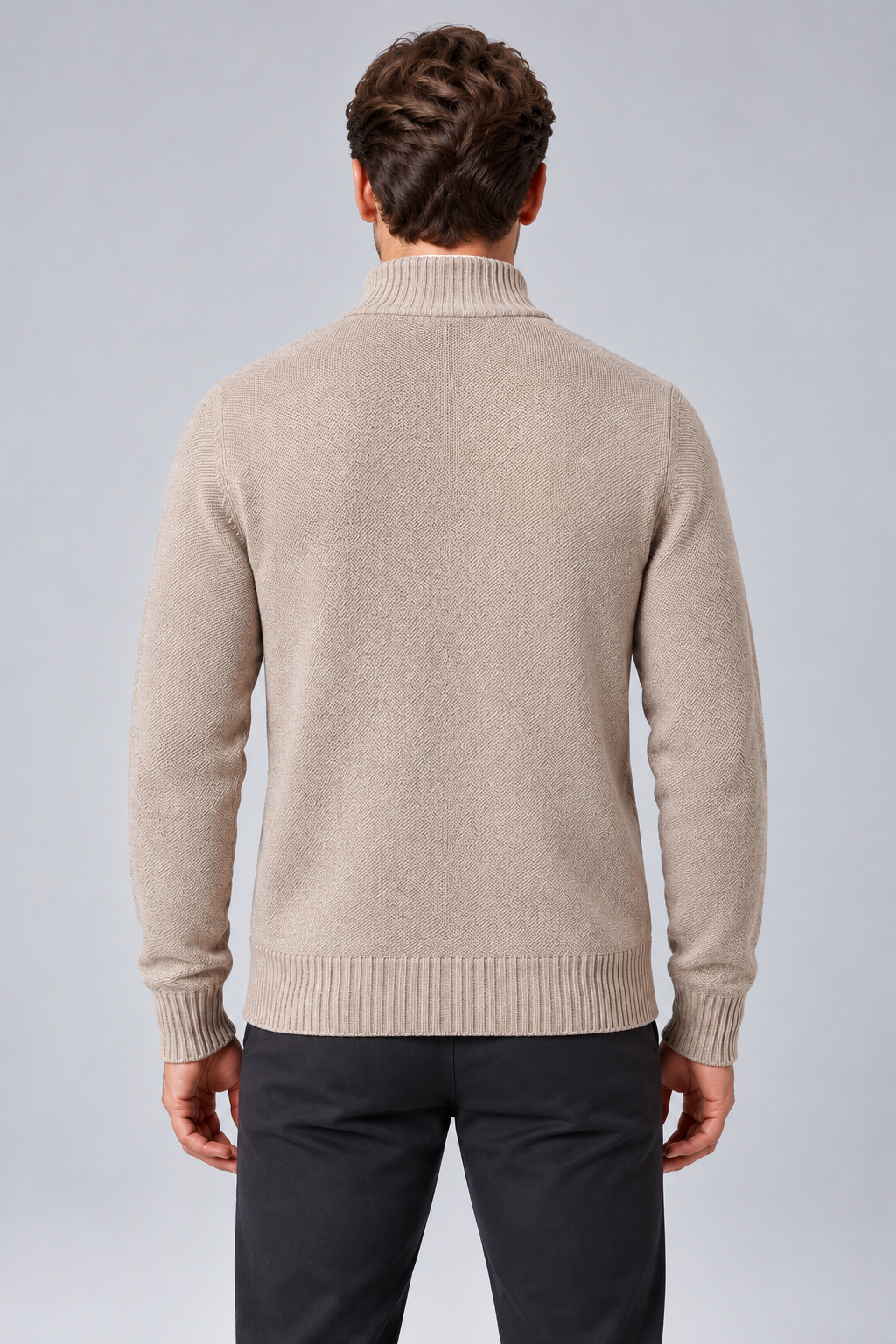 Men's Textured Funnel-Neck Full-Zip Knit Cardigan in beige, back view