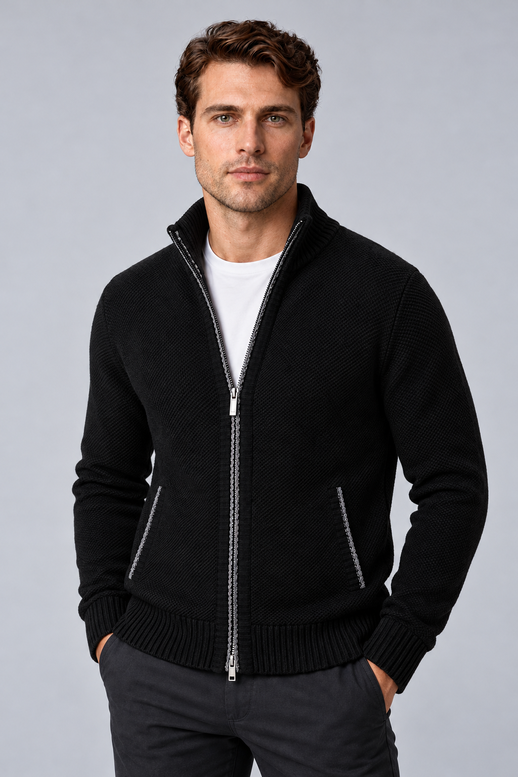 Men's Textured Funnel-Neck Full-Zip Knit Cardigan in black, front view