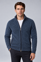 Men's Textured Funnel-Neck Full-Zip Knit Cardigan in blue, front view