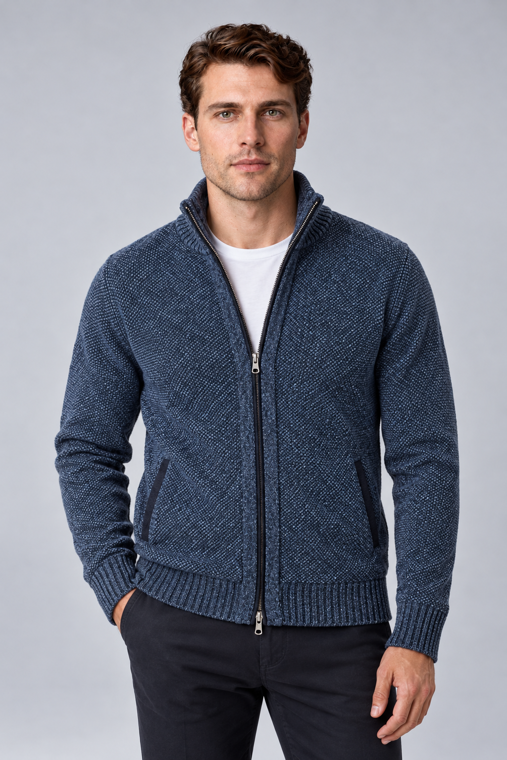 Men's Textured Funnel-Neck Full-Zip Knit Cardigan in blue, front view