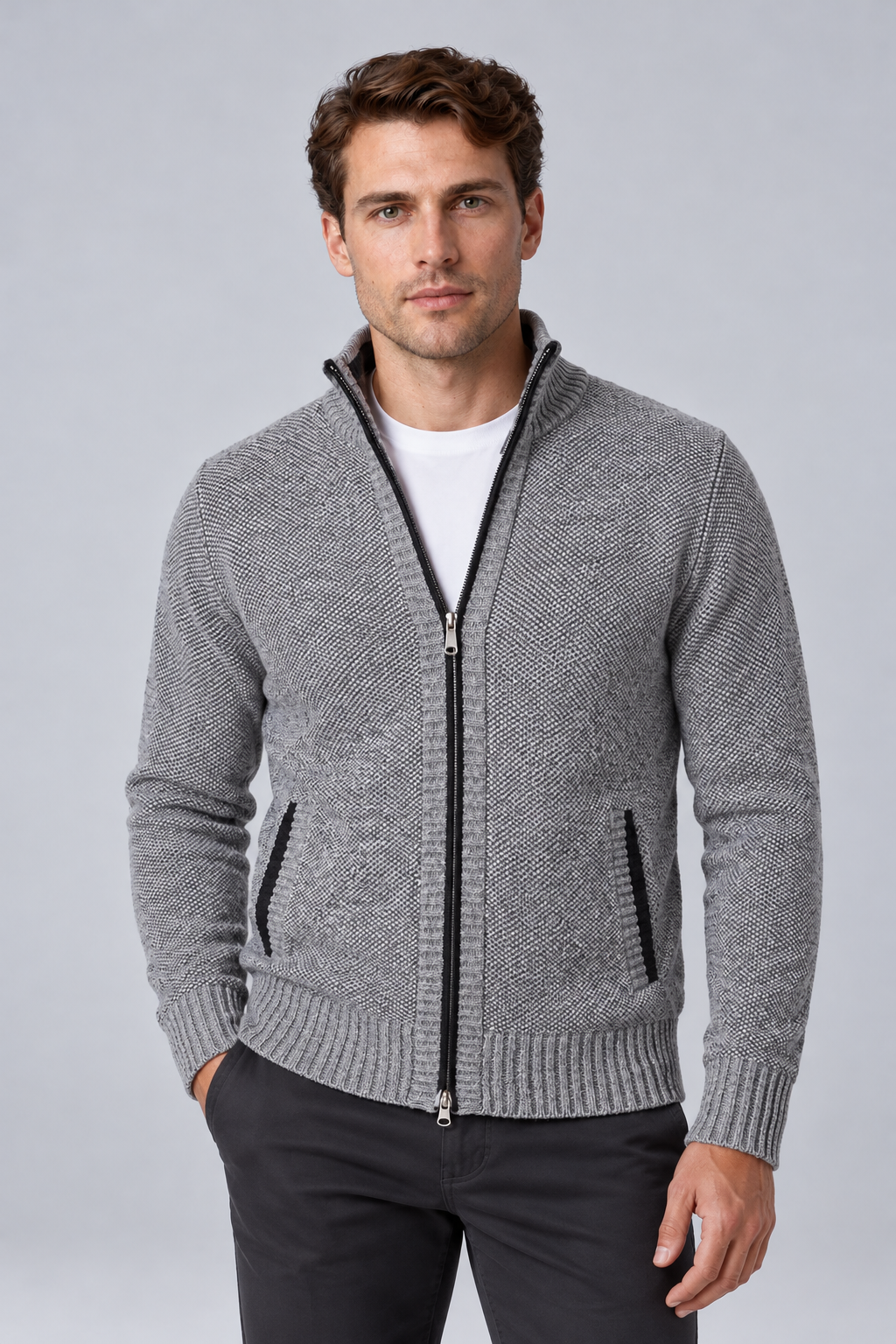 Men's Textured Funnel-Neck Full-Zip Knit Cardigan in grey, front view