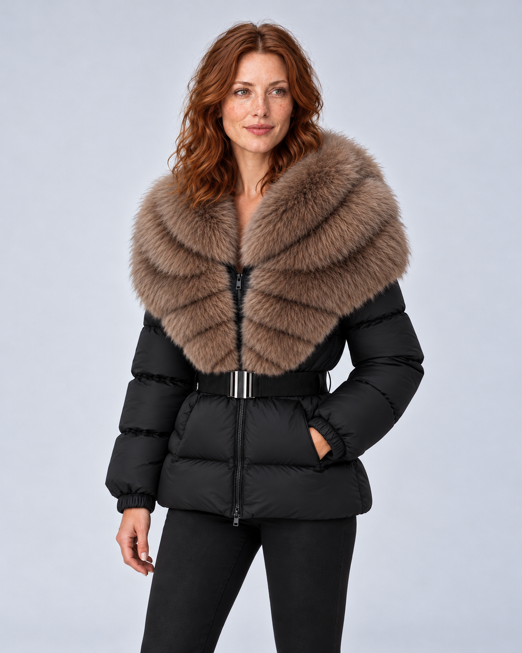 SAILSATIN, Fur Collar Belted Puffer, Black, Angle