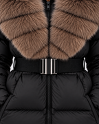 SAILSATIN, Fur Collar Belted Puffer, Black, Fur Belt Detail