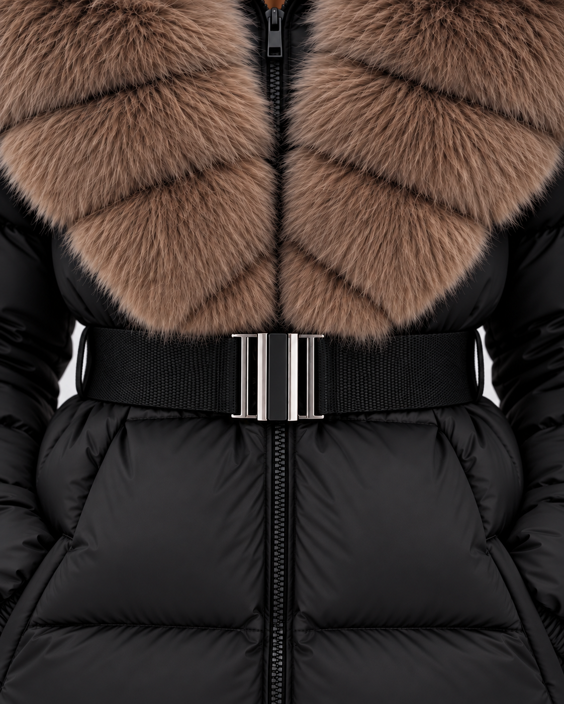 SAILSATIN, Fur Collar Belted Puffer, Black, Fur Belt Detail