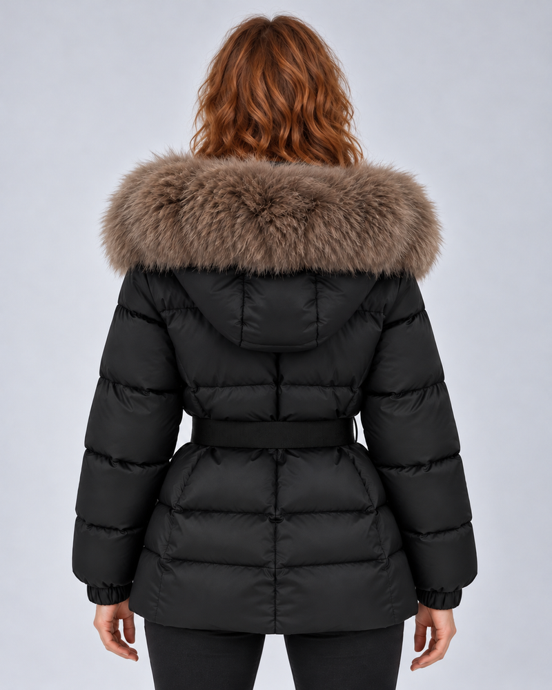 SAILSATIN, Fur Collar Belted Puffer, Black, Rear