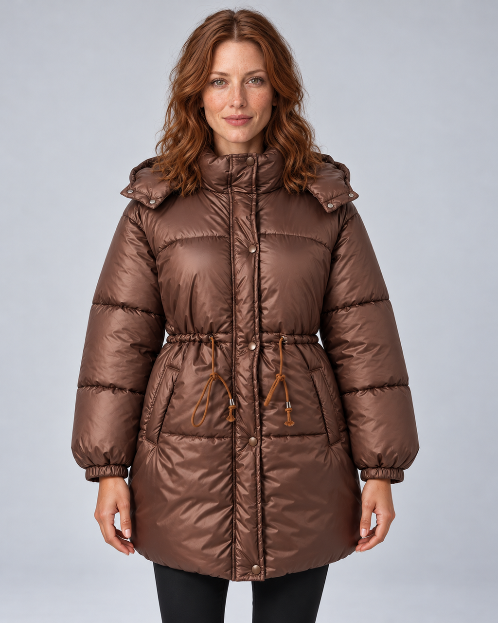 Brown glossy drawstring puffer, front view