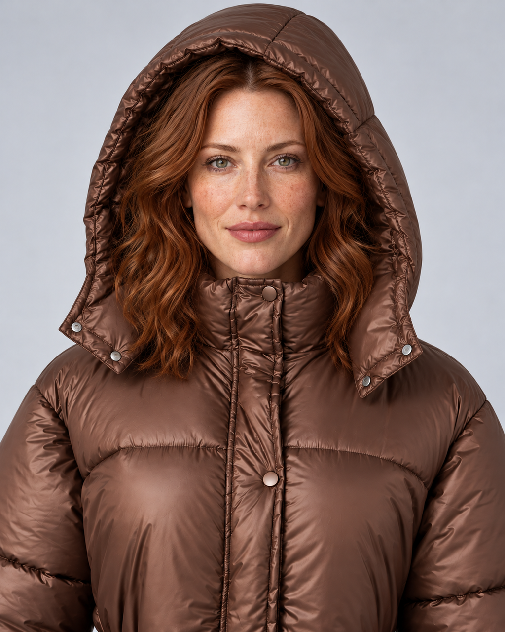 Brown glossy drawstring puffer, hood detail view