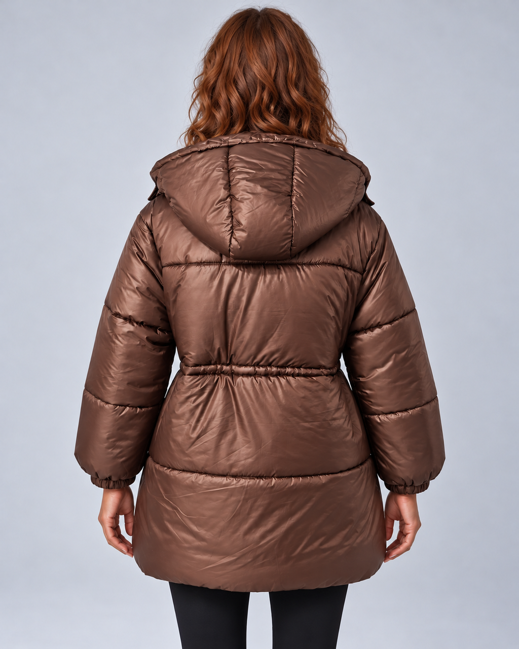 Brown glossy drawstring puffer, rear view