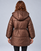 Brown glossy drawstring puffer, rear view