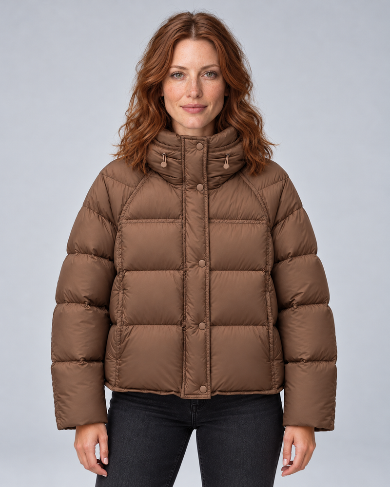 Brown high neck puffer, front view