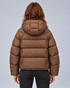 Brown high neck puffer, rear view