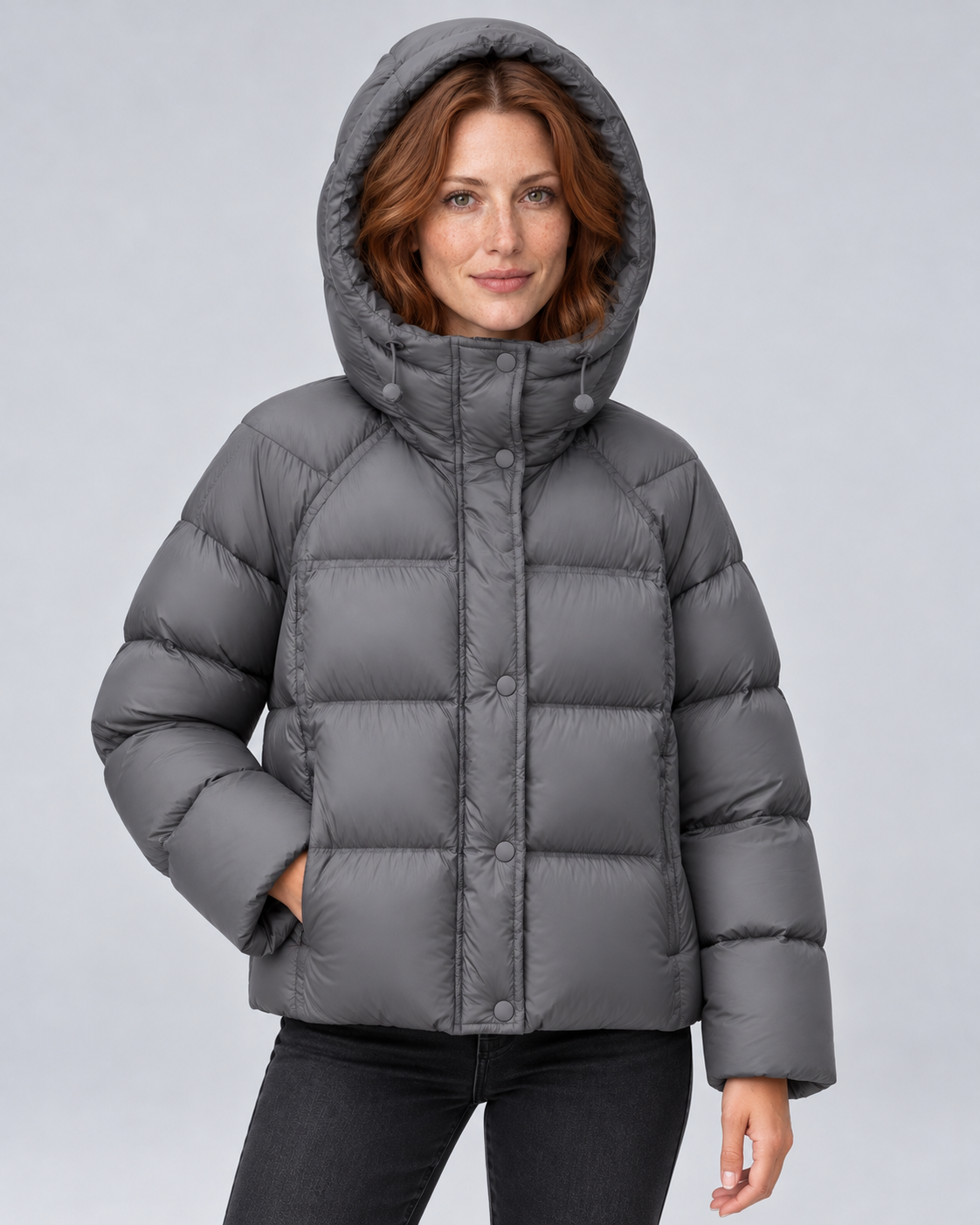 Grey high neck puffer, hood up colour view
