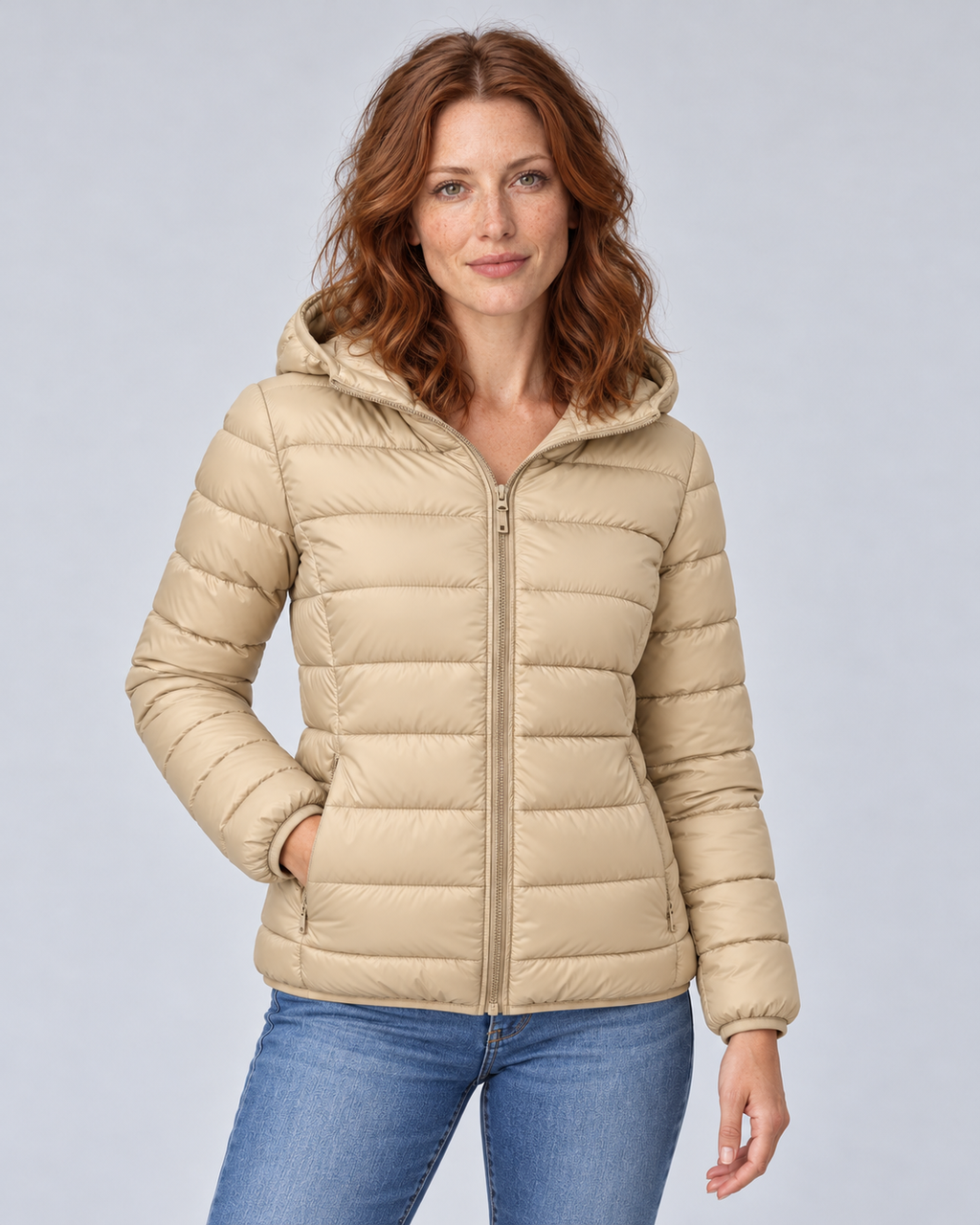 Beige lightweight zip puffer, colour front view