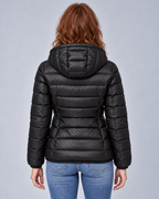Black lightweight zip puffer, rear view
