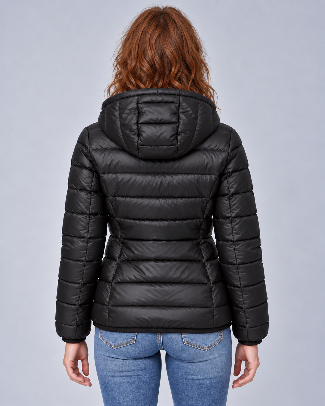 Black lightweight zip puffer, rear view