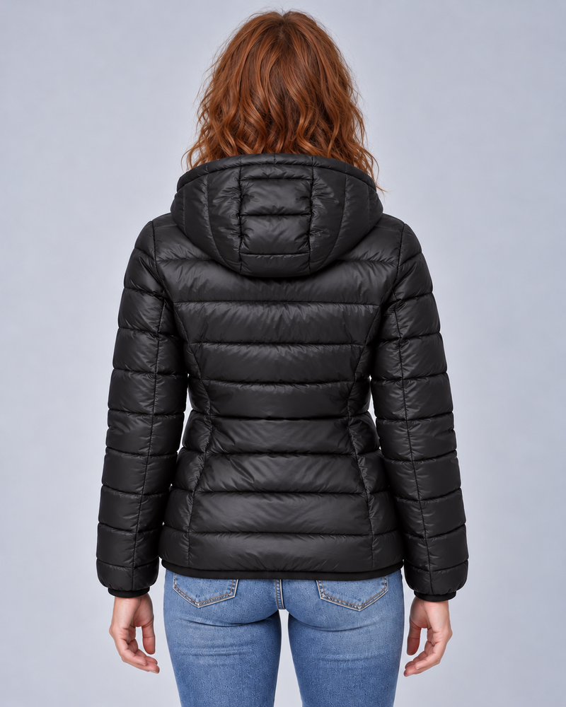 Black lightweight zip puffer, rear view