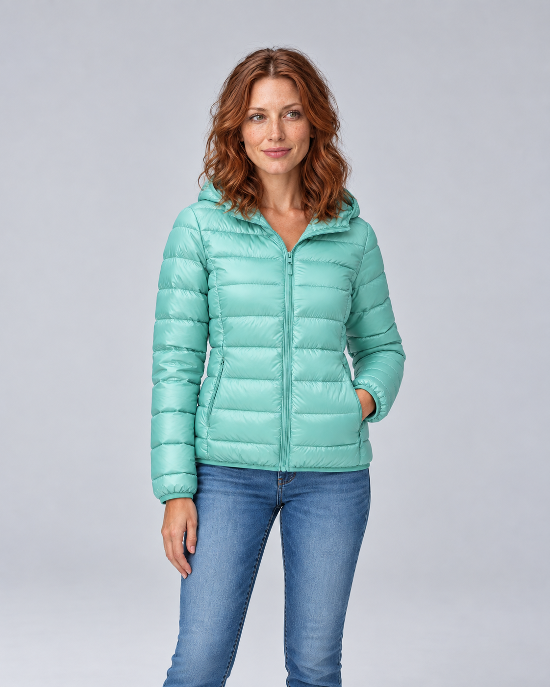 Mint Aqua lightweight zip puffer, colour front view