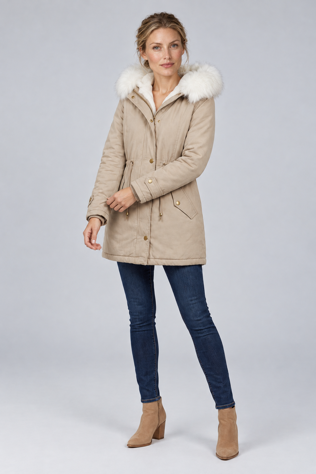 Women's Winter Parka with Faux Fur-Trim Hood and Drawstring Waist in beige, three-quarter view