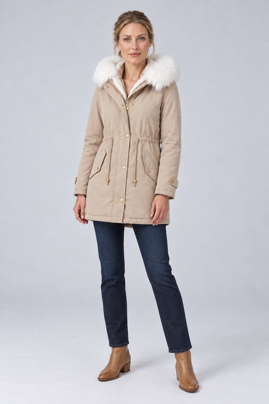 Women's Winter Parka with Faux Fur-Trim Hood and Drawstring Waist in beige, front view