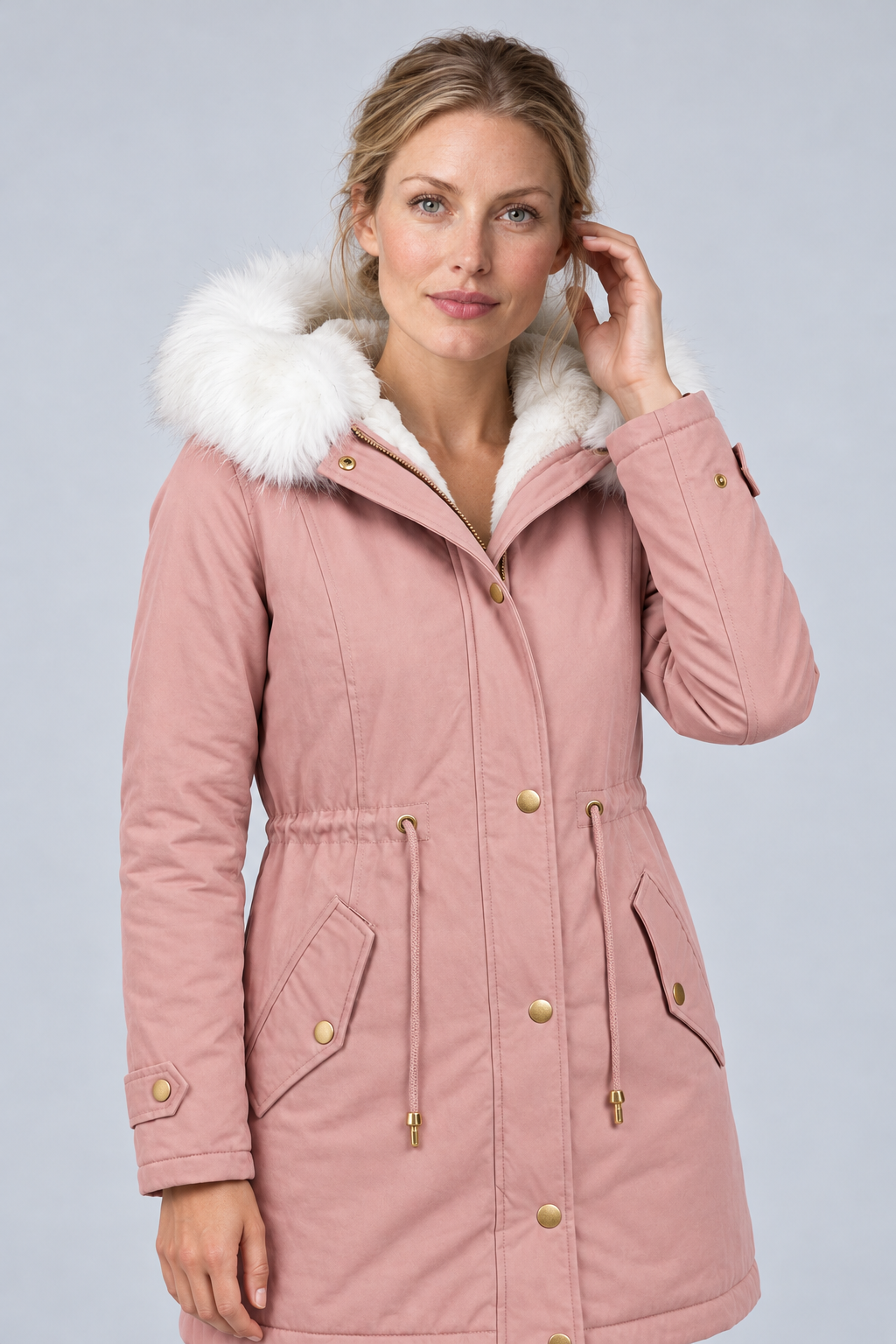 Women's Winter Parka with Faux Fur-Trim Hood and Drawstring Waist in pink, closer view