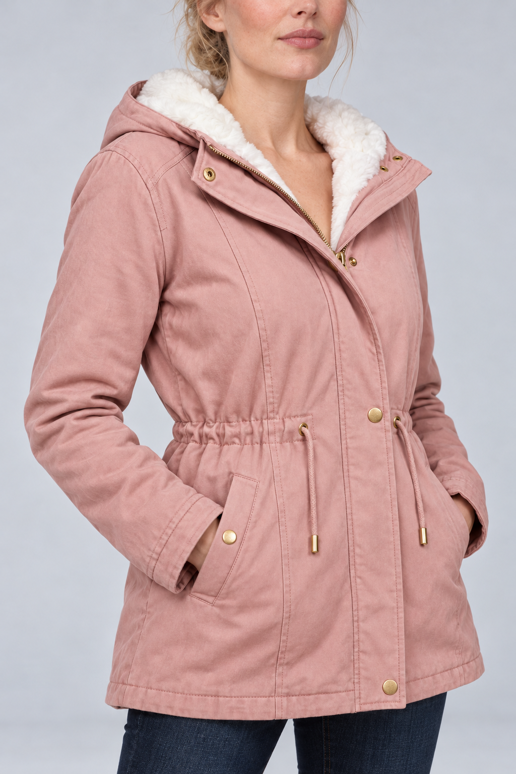 Women's Winter Parka with Faux Fur-Trim Hood and Drawstring Waist in pink, close-up detail