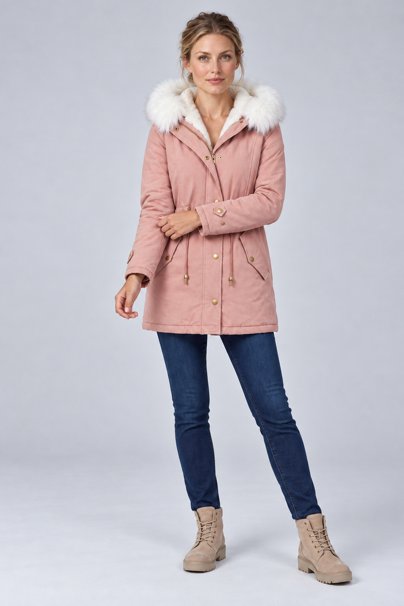 Women's Winter Parka with Faux Fur-Trim Hood and Drawstring Waist in pink, front view