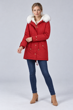Women's Winter Parka with Faux Fur-Trim Hood and Drawstring Waist in red, three-quarter view