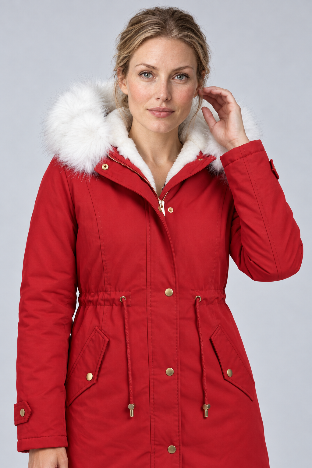 Women's Winter Parka with Faux Fur-Trim Hood and Drawstring Waist in red, closer view