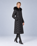 Black longline chevron fur puffer, angle view